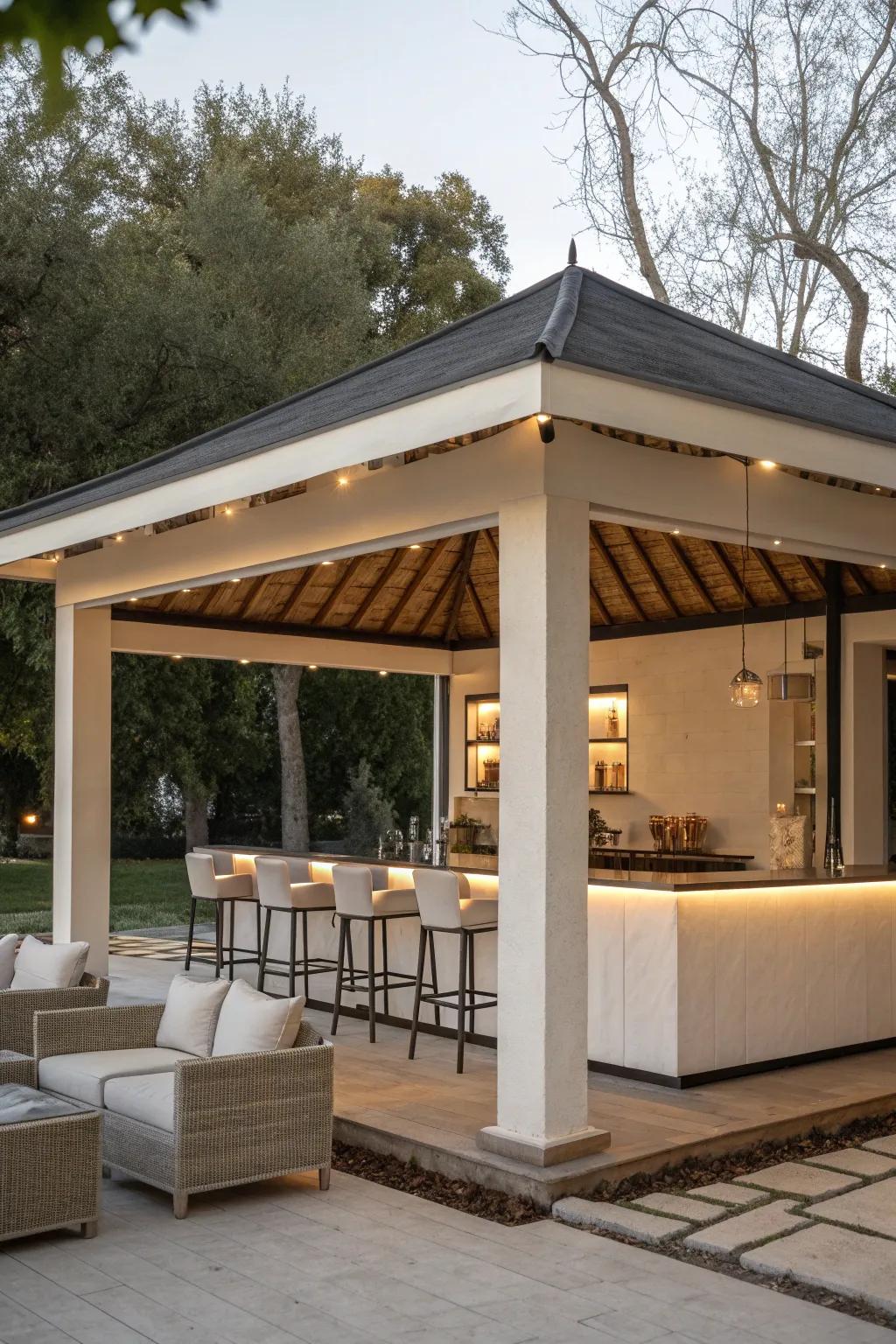 A modern minimalist gazebo bar that combines elegance with simplicity.