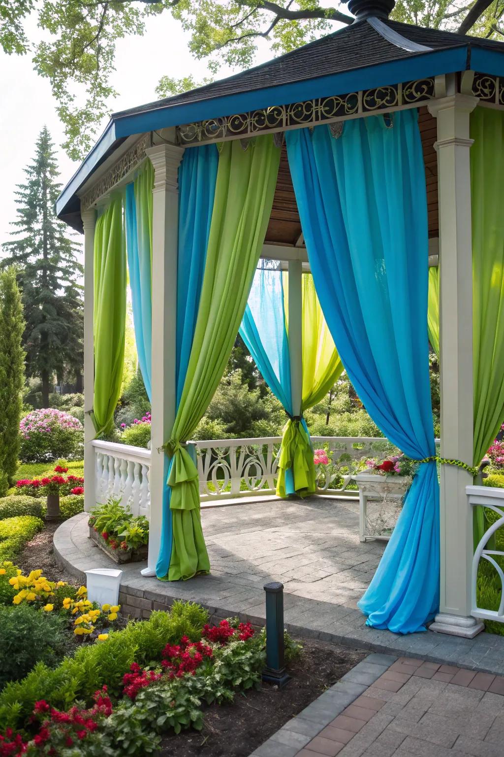 Colorful curtains can reflect your personality and enhance your garden's natural hues.