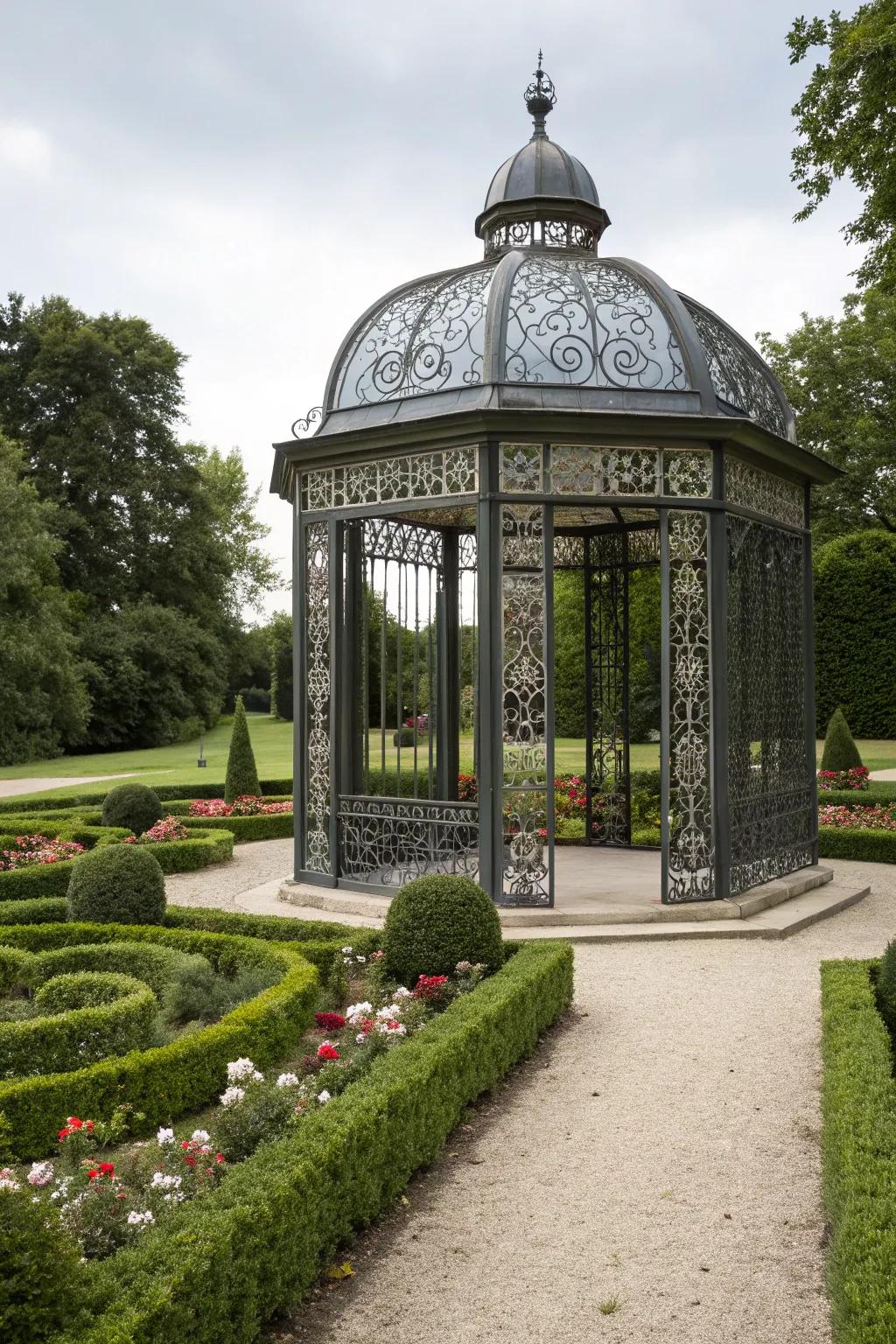 Iron doors with intricate designs add elegance to your gazebo.