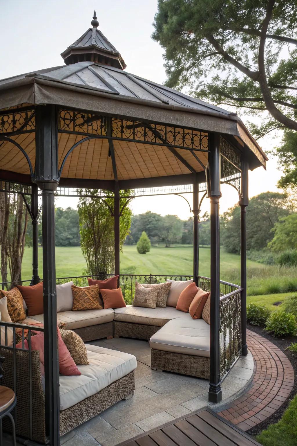A welcoming lounge area within a gazebo for guests to unwind.