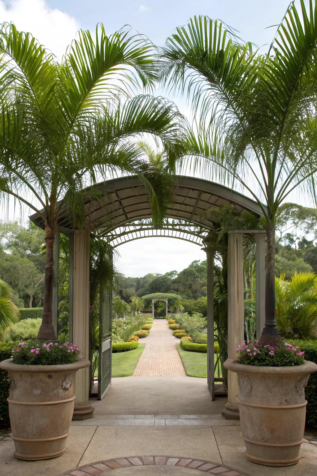 Potted palms add a tropical touch to this inviting gazebo entrance.