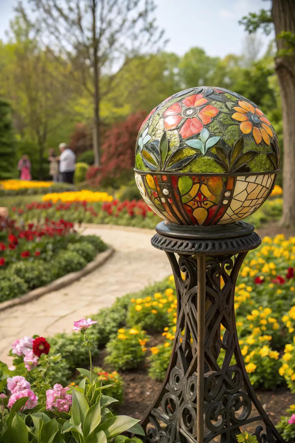 Mosaic patterns bring an artistic touch to this gazing ball stand.