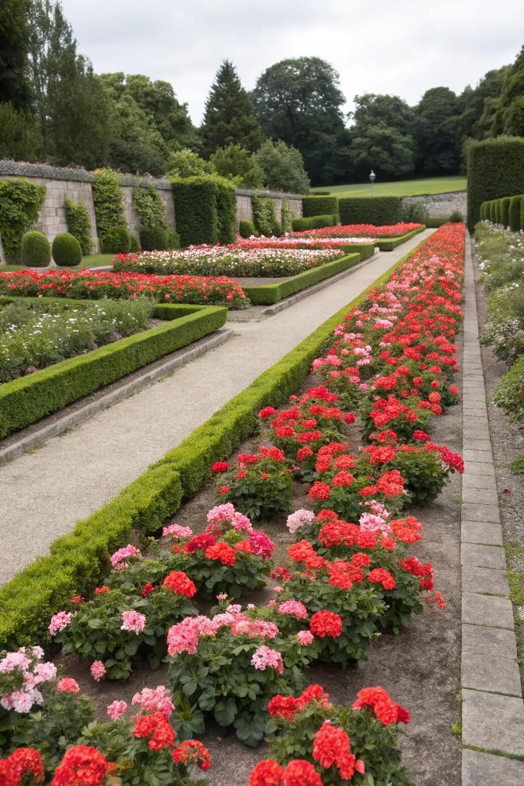 A sophisticated formal garden with structured geranium designs.