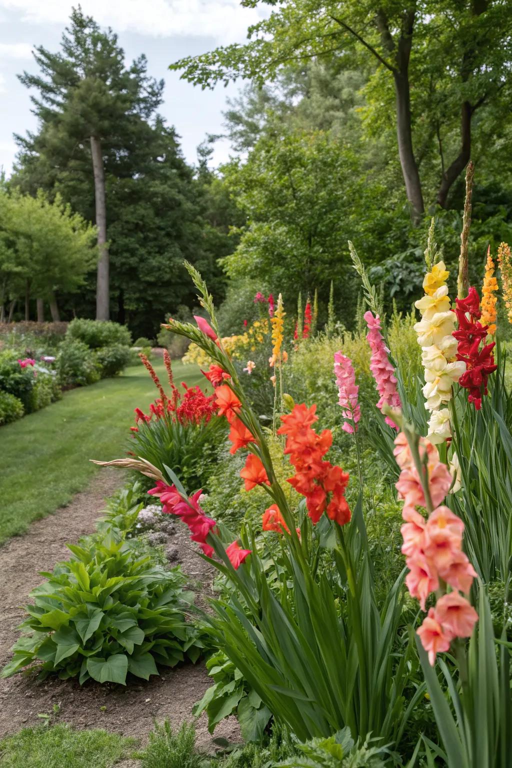 Gladiolus provide a colorful backdrop in the garden setting.
