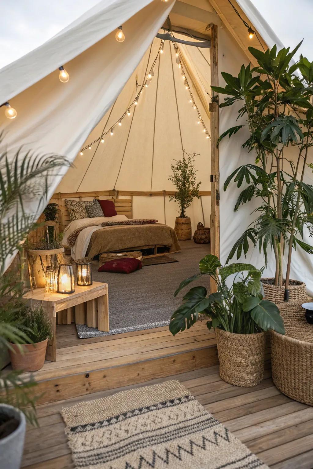 Natural elements like wood and greenery bring the outdoors in.