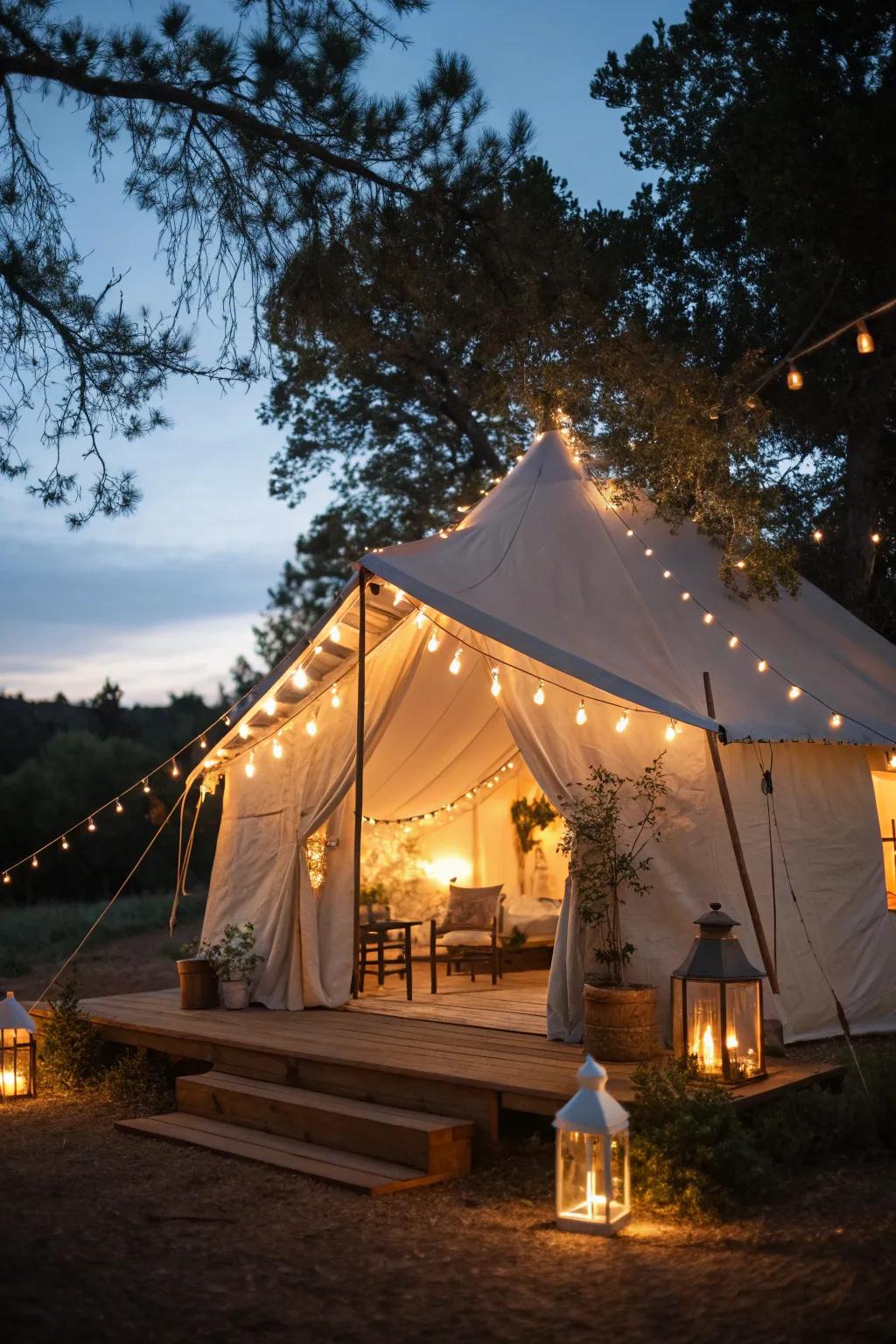 Ambient lighting sets a cozy and inviting mood in the tent.