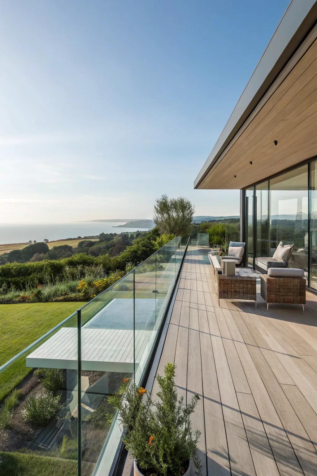 Frameless glass railings offer an elegant and unobtrusive view.