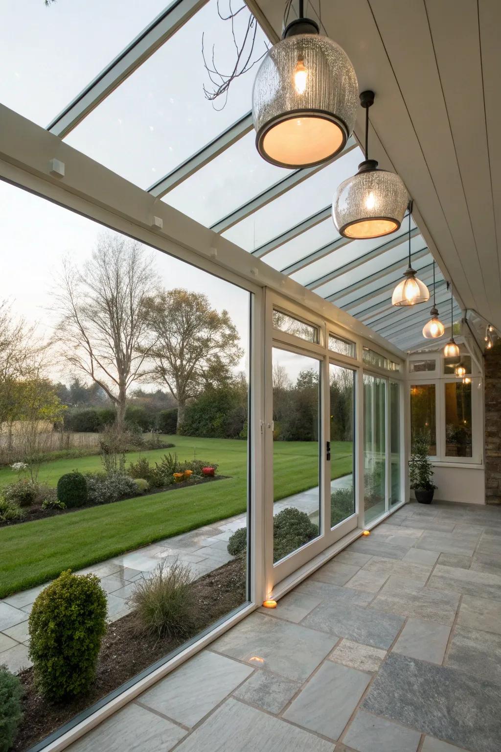 A glass porch illuminated by chic pendant lighting.