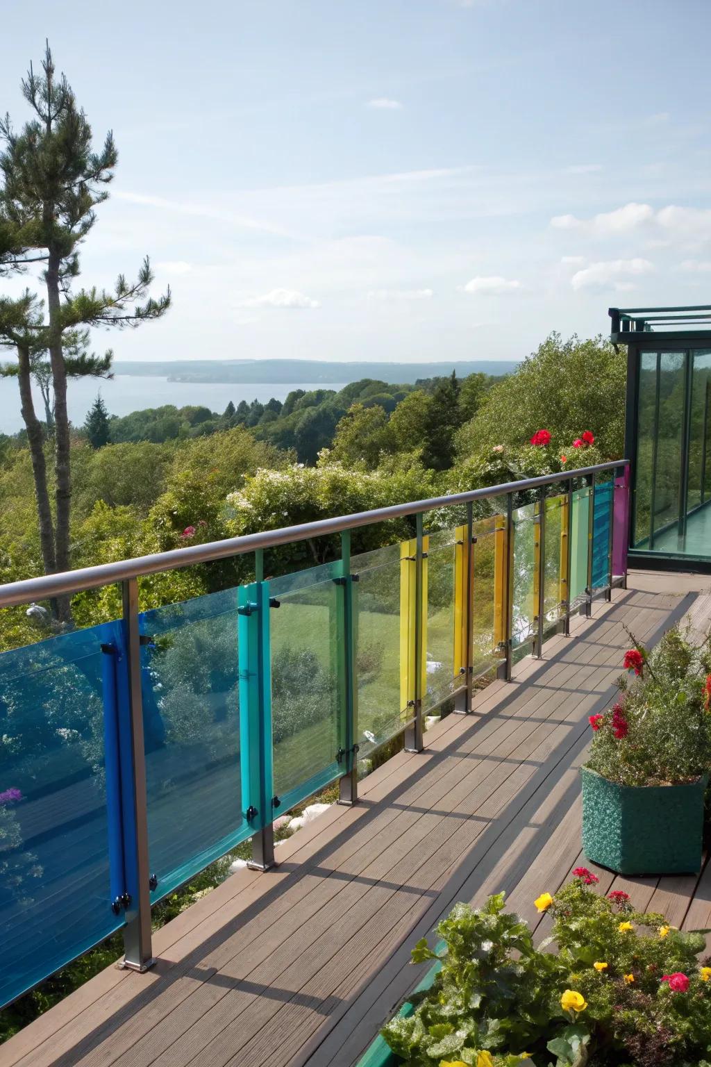 Colored glass railings adding a vibrant touch to a stylish deck.