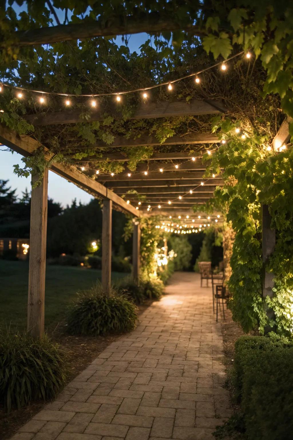 A pergola with string lights, perfect for evening gatherings.