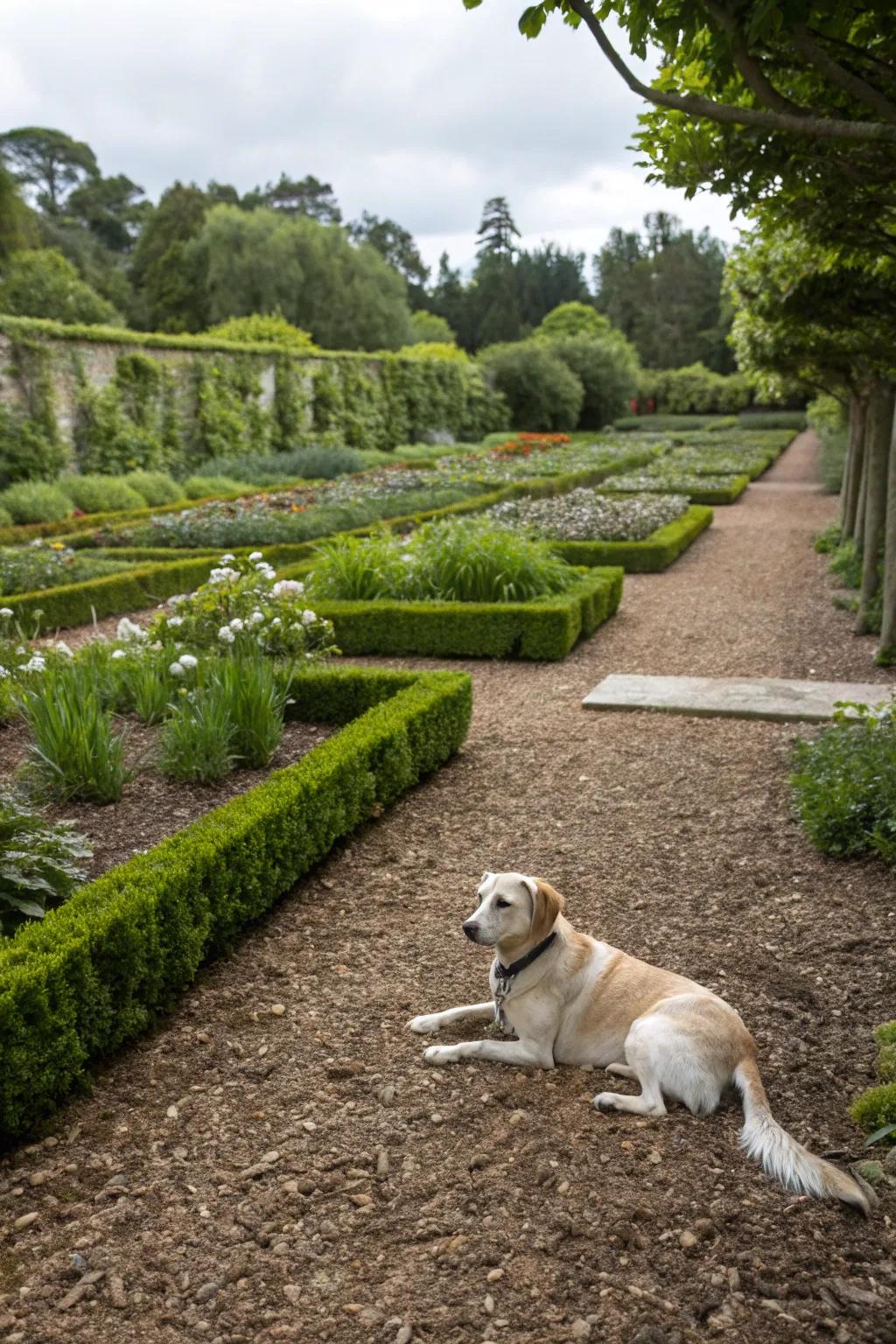 Dog sitting on mulch-covered ground