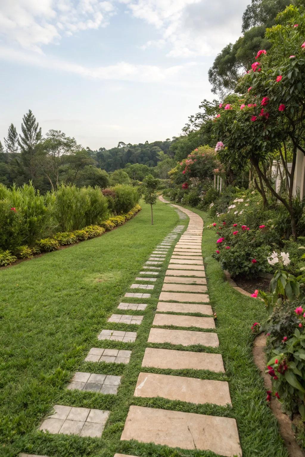 Create enchanting pathways with a mix of grass and pavers.