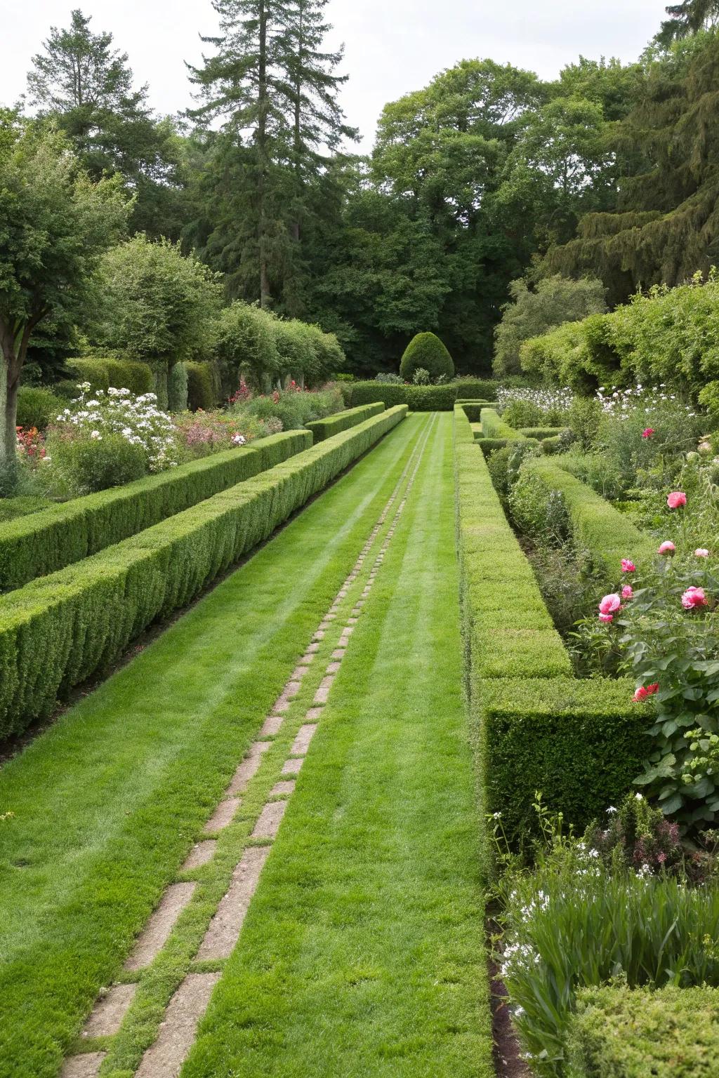 A formal grassy path with precise, manicured edges.