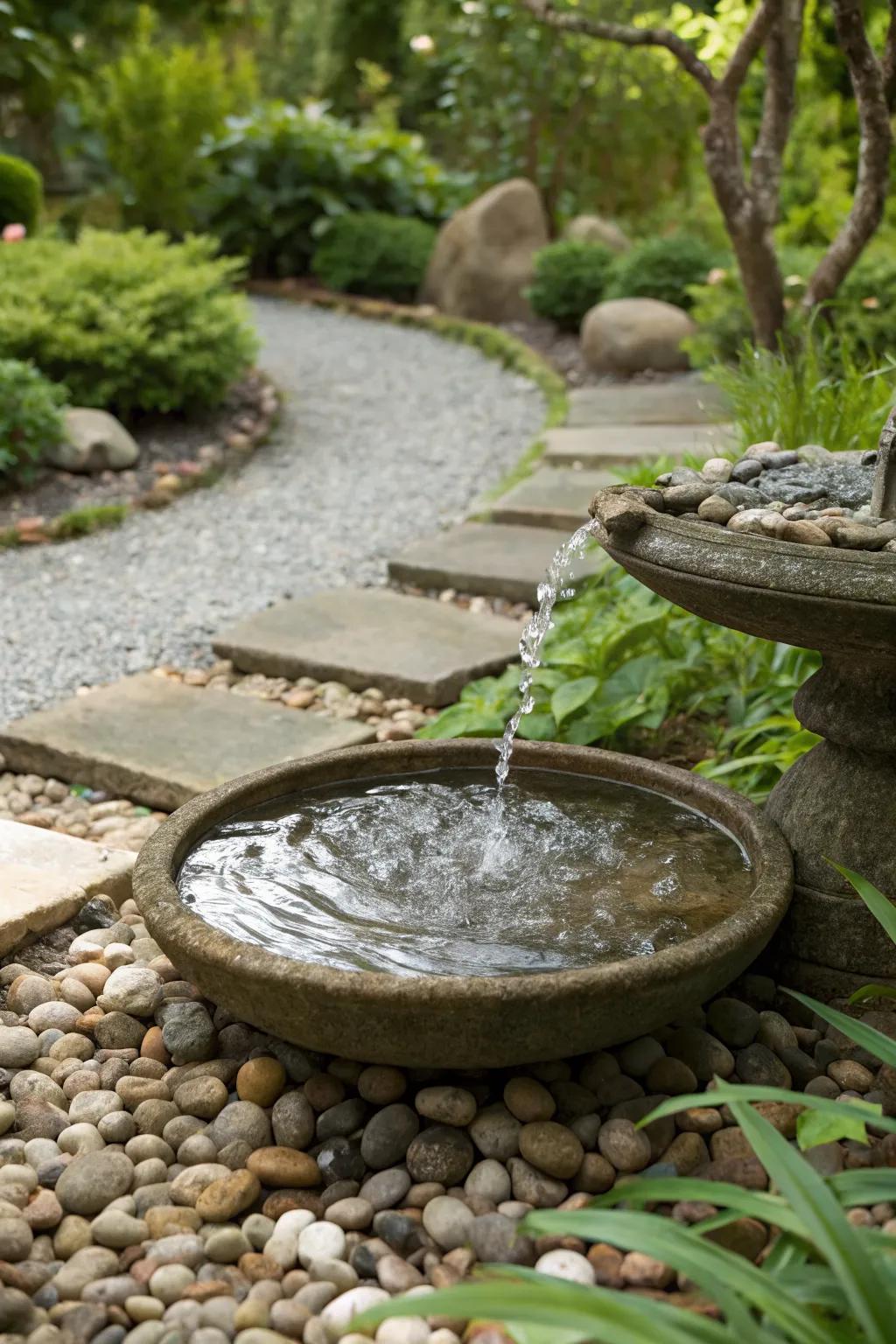 Add serenity with a gravel-surrounded water feature.