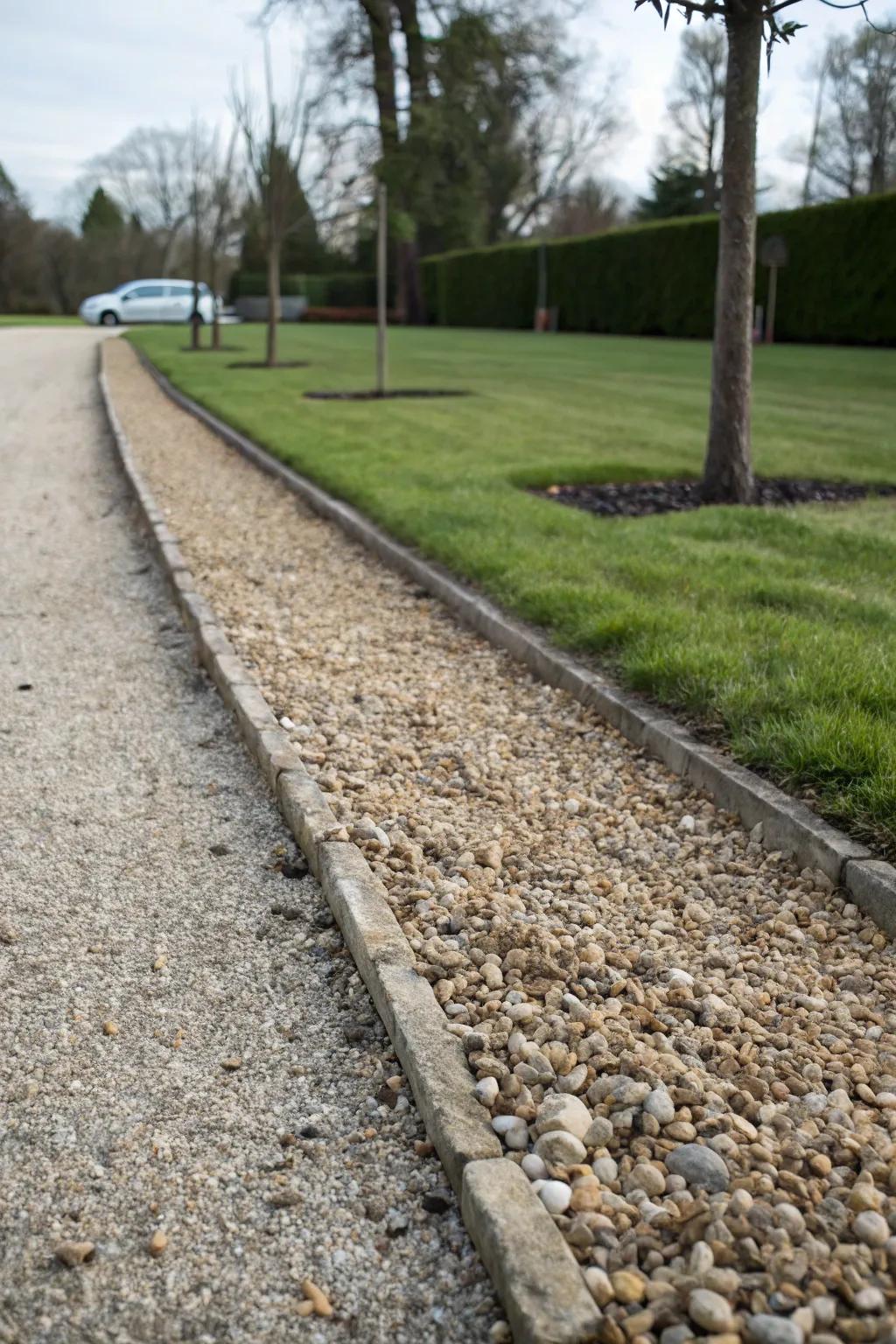 A gravel trench enhancing drainage efficiency along a driveway.