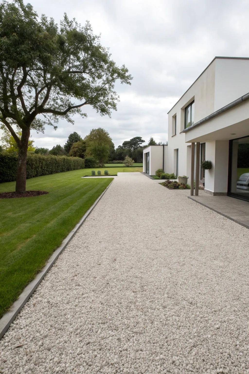 A modern gravel driveway with minimalist design.