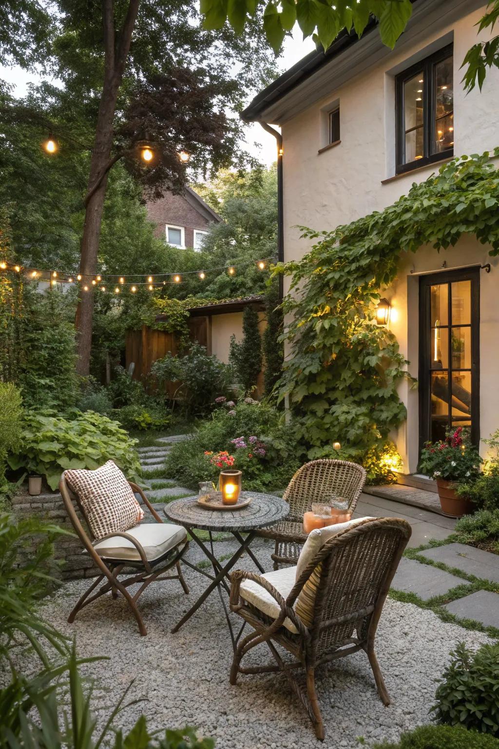 A cozy seating area on a gravel foundation.