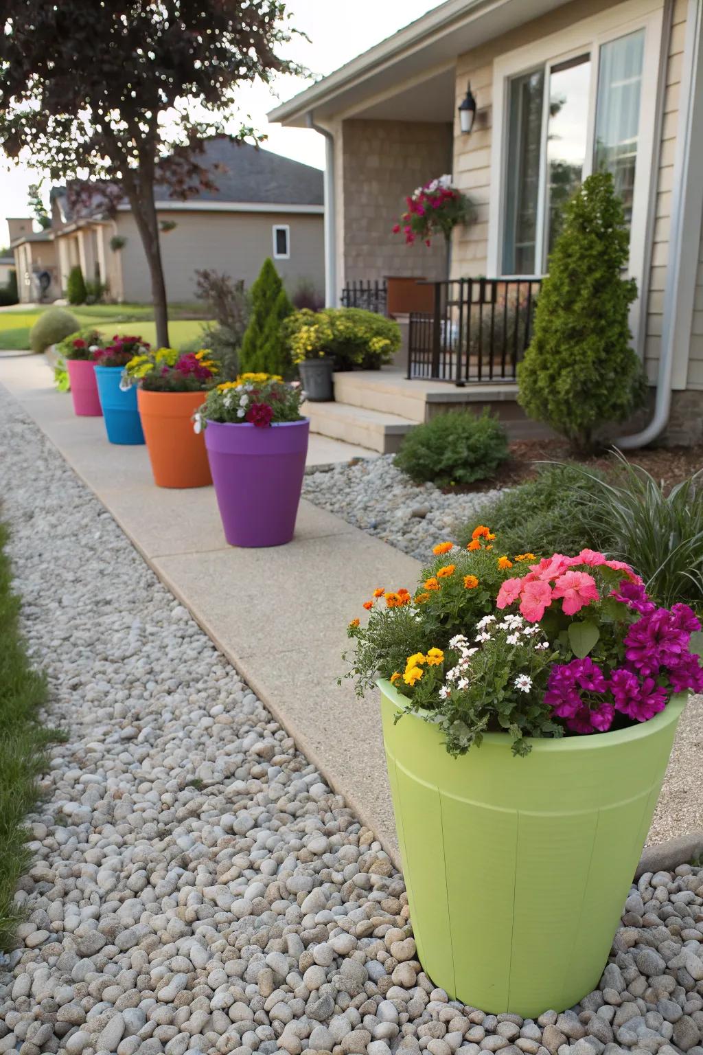 Brighten your space with planters surrounded by gravel.