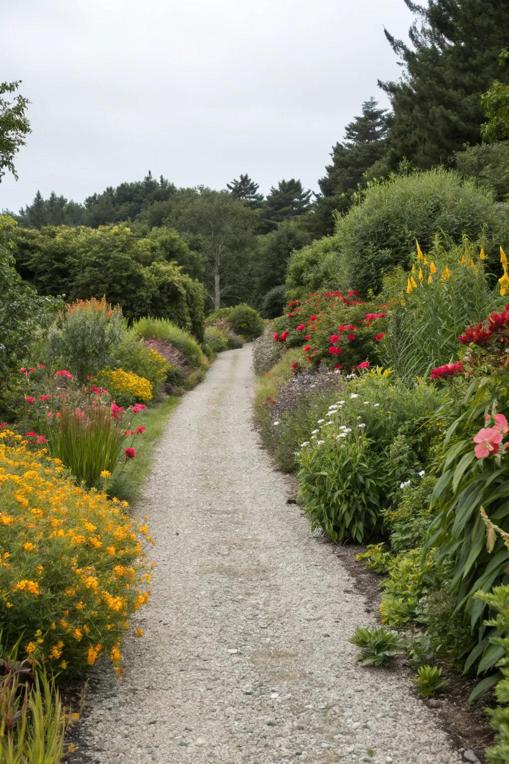 Lush greenery frames this enchanting gravel pathway.