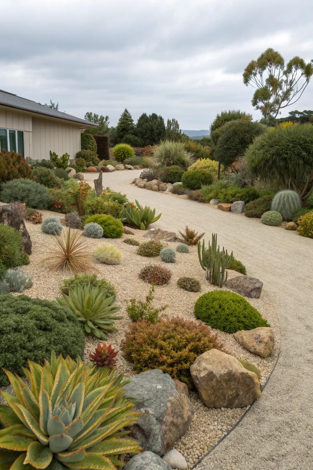 Gravel yard with vibrant succulents and shrubs.