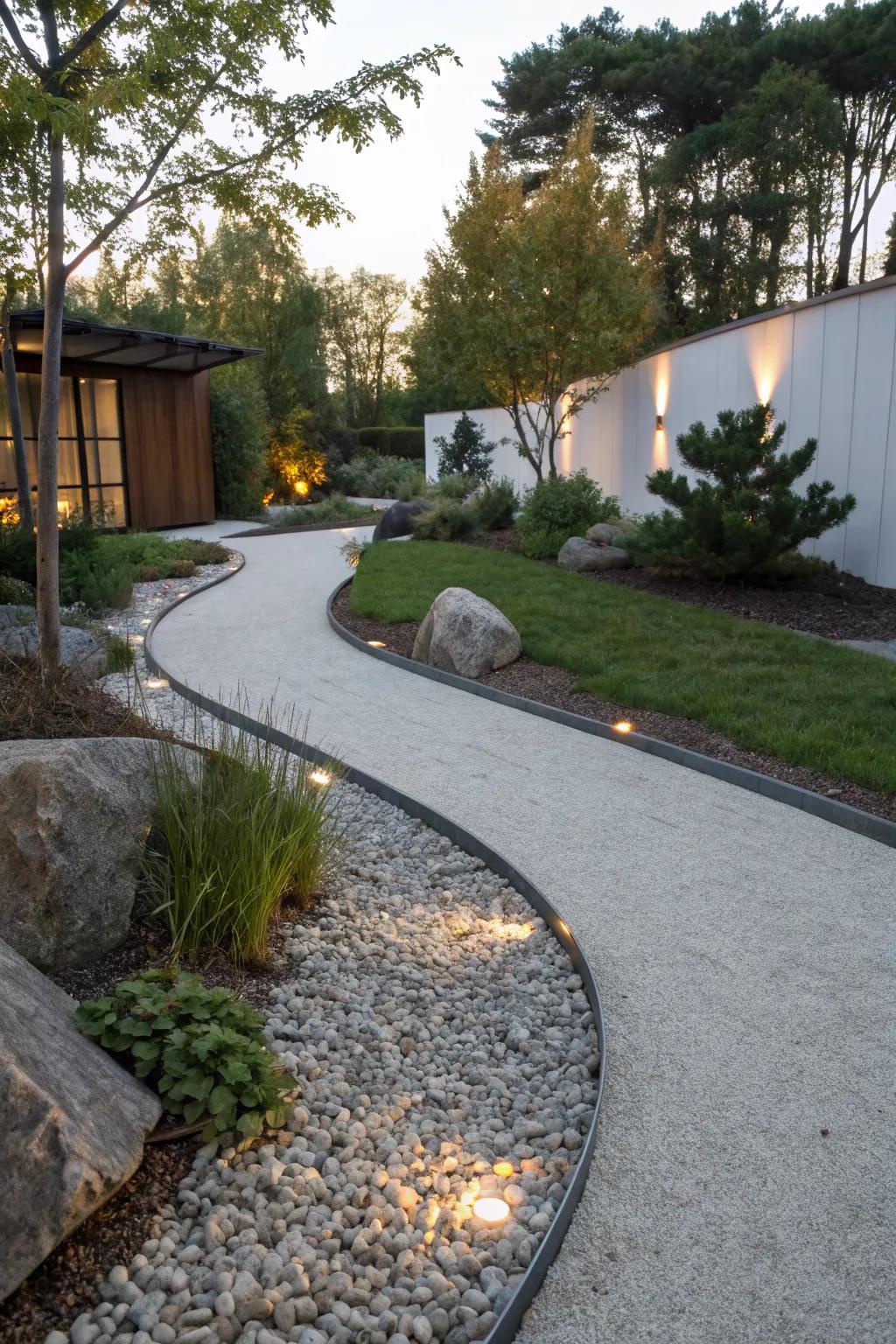 A modern gravel path with stylish metal edging