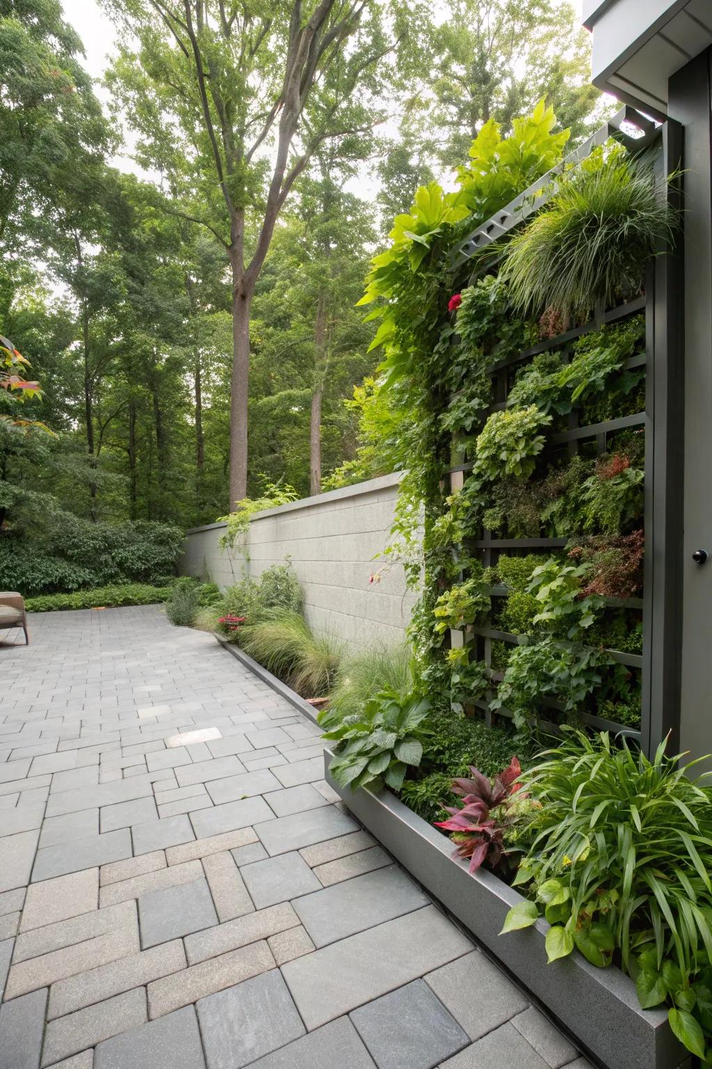Vertical gardens add a vibrant touch to a gray paver patio, creating a green oasis.