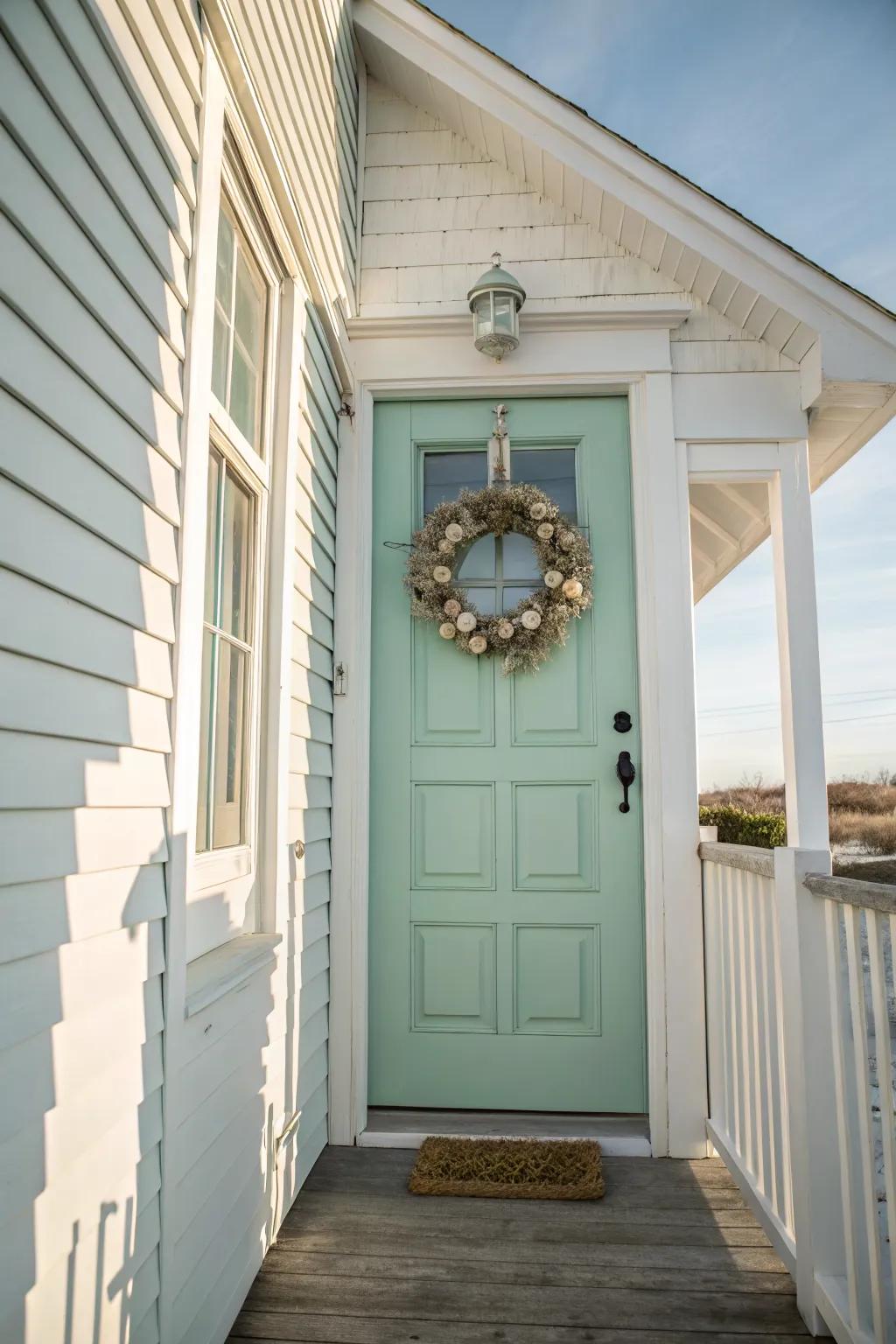 Mint green front doors add a fresh, coastal vibe.