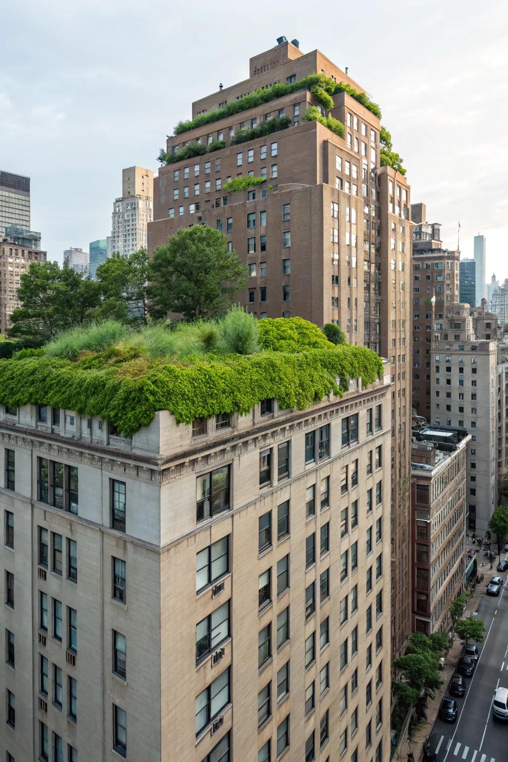 An urban oasis with a green roof full of native plants on a city apartment building.