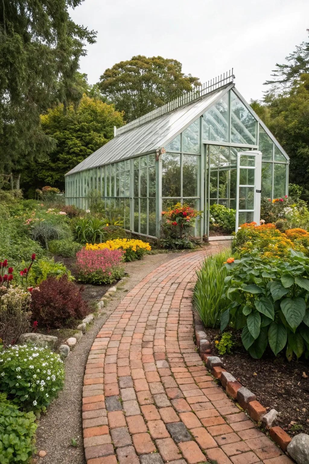 A charming vintage brick walkway enhances this greenhouse entrance.
