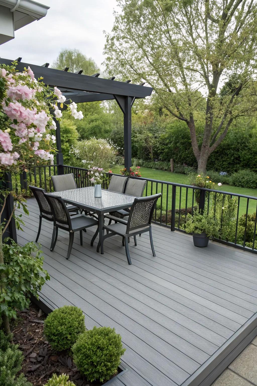 An elevated dining area on a grey and black deck, ideal for entertaining.