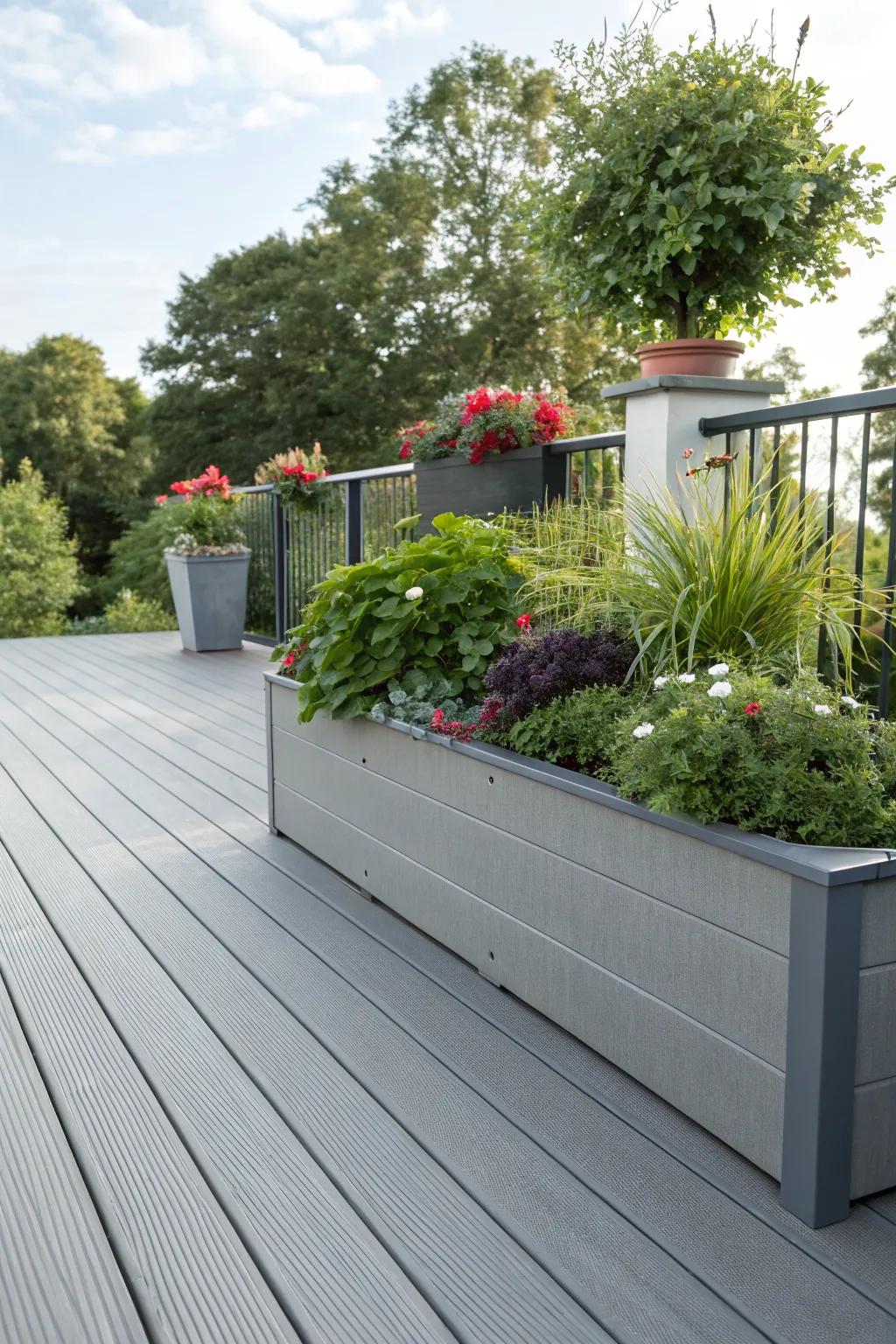 Integrating greenery with built-in planters on grey composite decking.