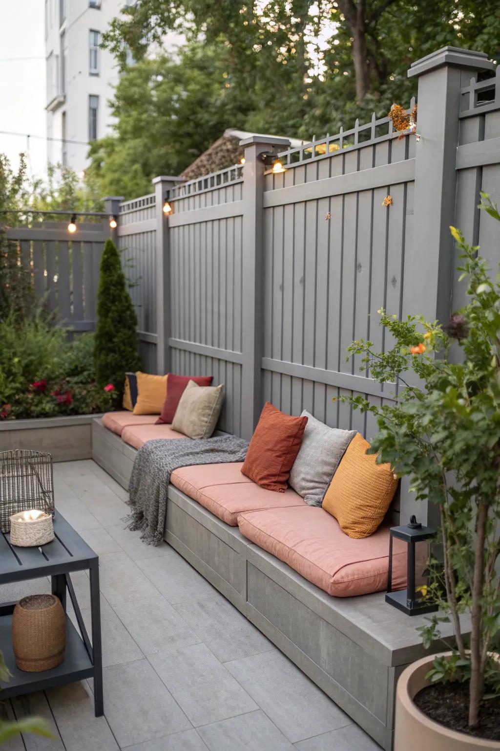 A cozy corner enhanced by a stylish grey fence.