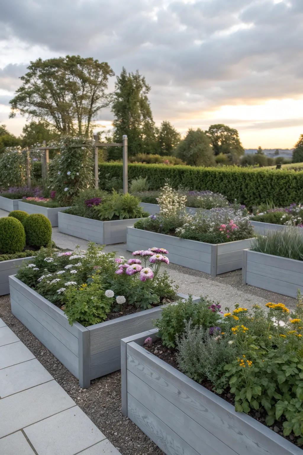 Structured plantings in grey-raised beds offering a balanced and serene garden layout.