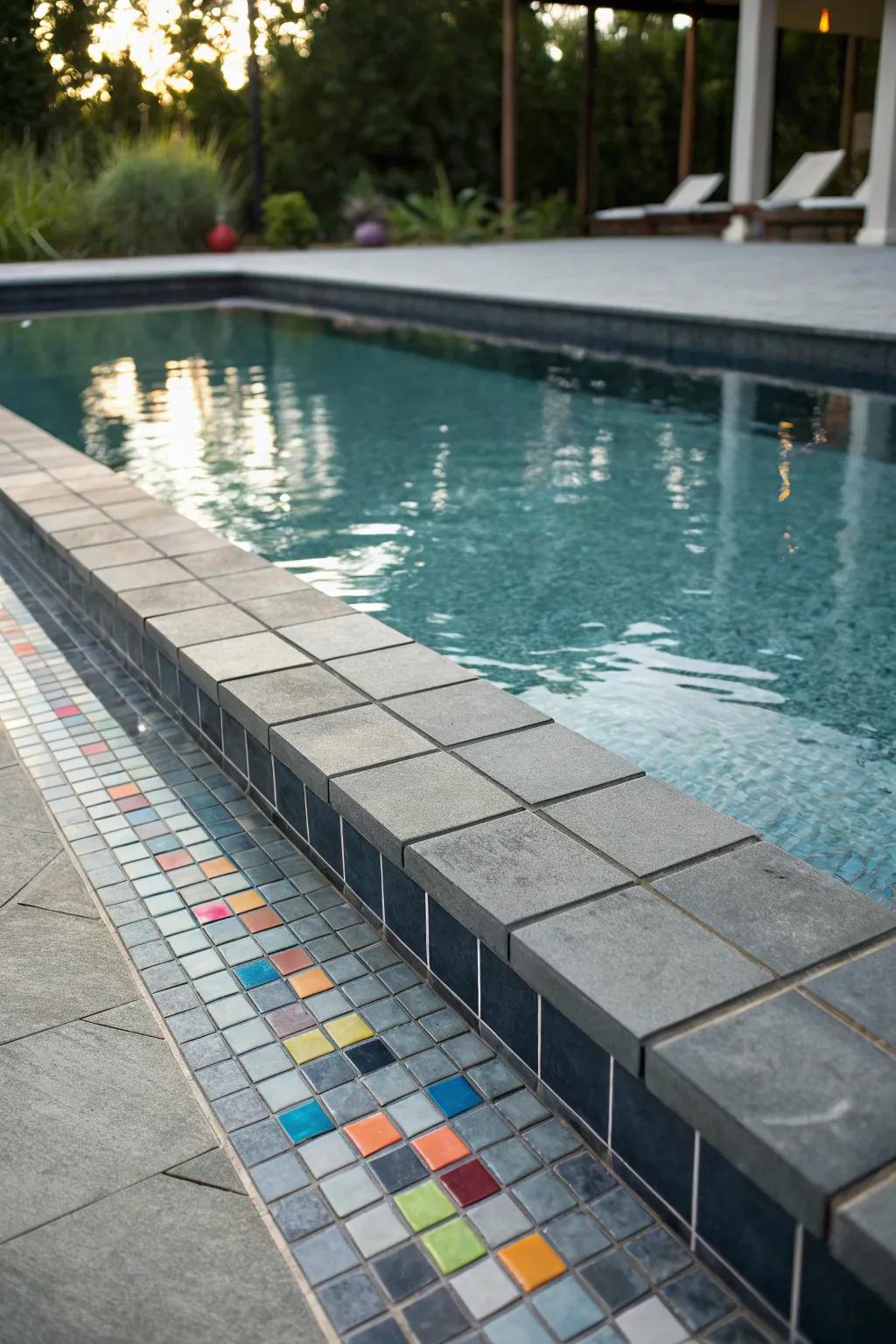 Pool design with contrasting grey and colorful tiles