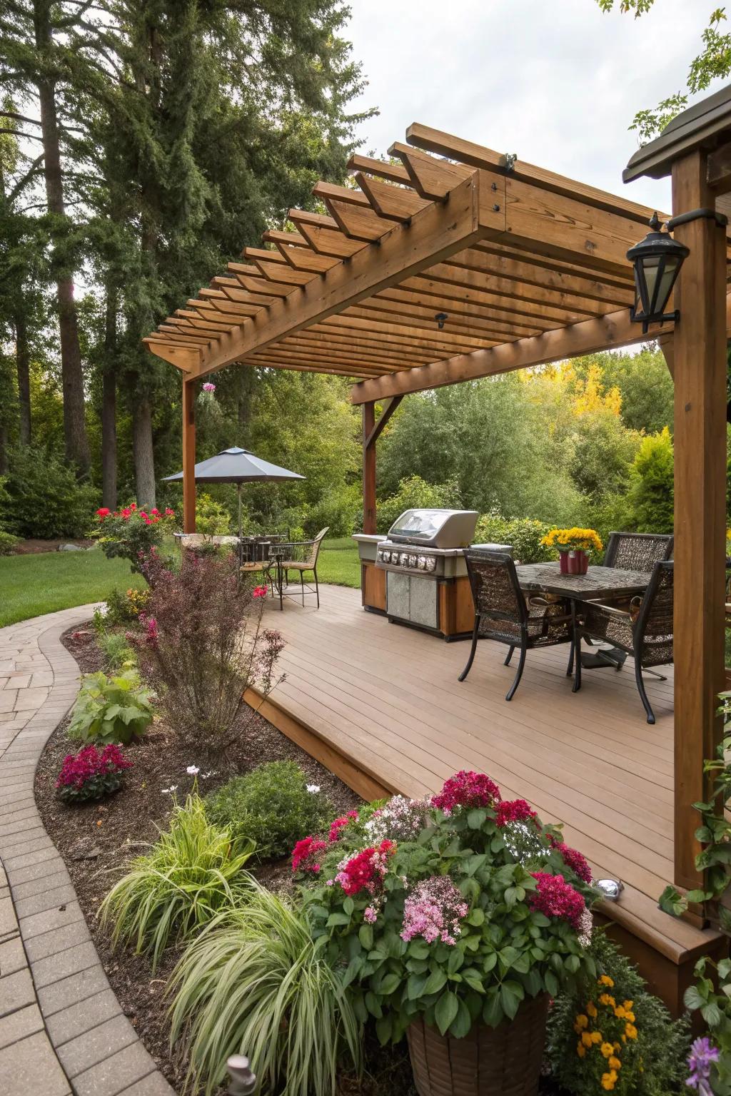 A shaded grilling area with a charming pergola.