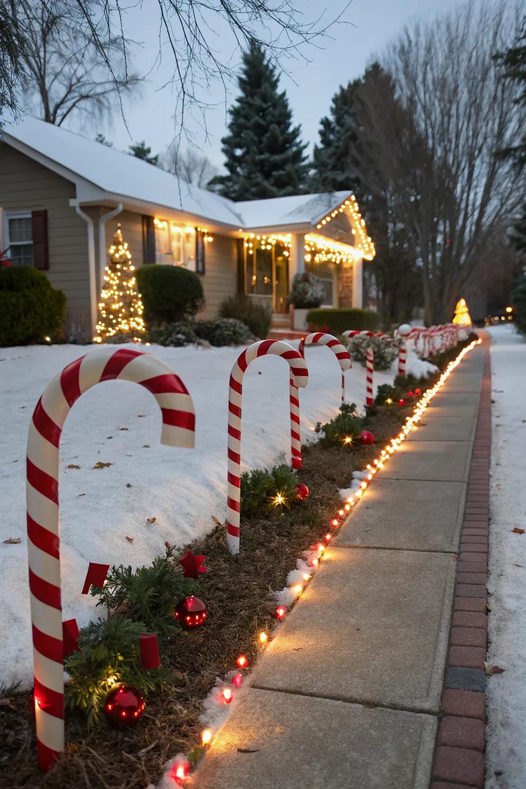 Candy cane lights illuminate the path, inviting holiday cheer.