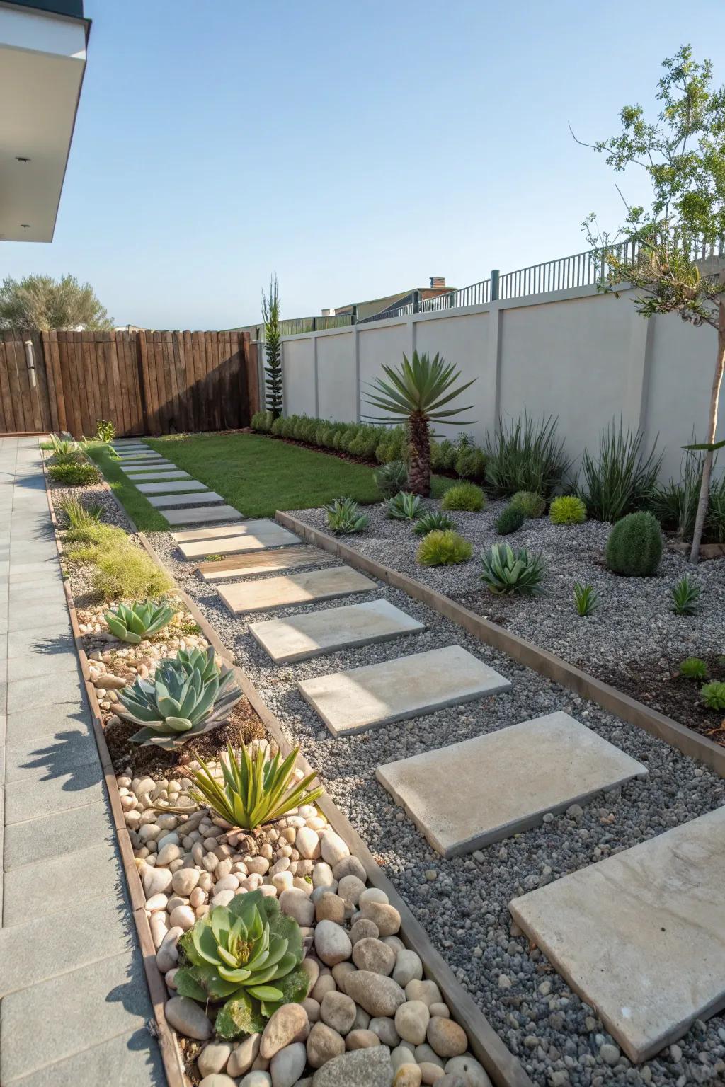 Stone and gravel designs bring a contemporary feel to outdoor spaces.