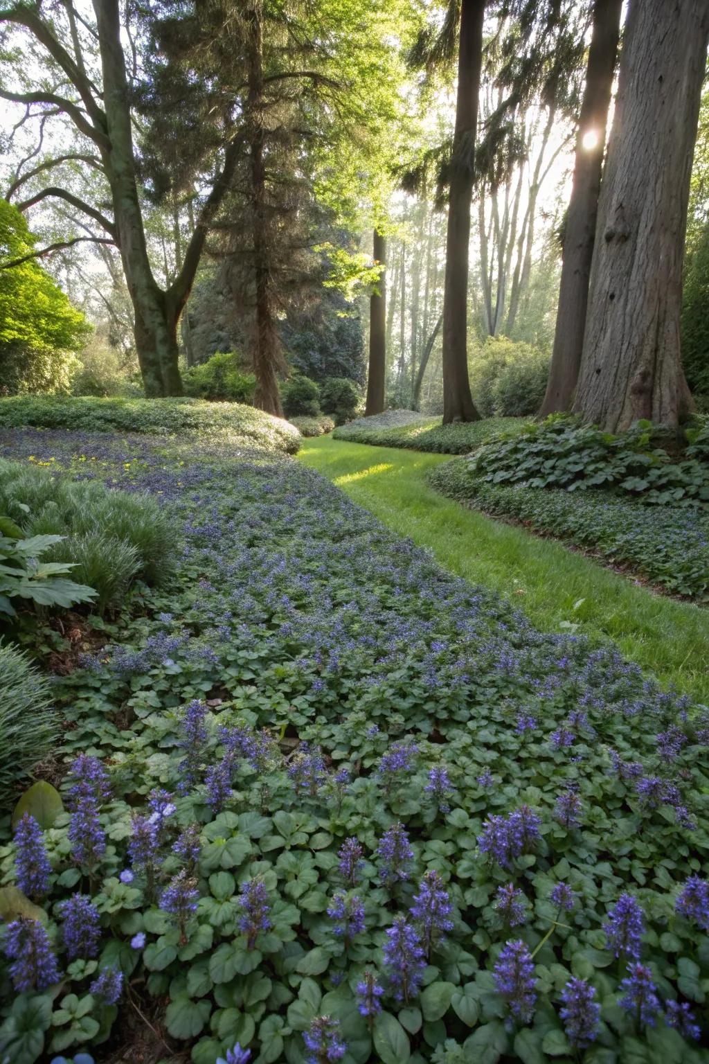 Shaded garden area brought to life with ajuga reptans ground cover