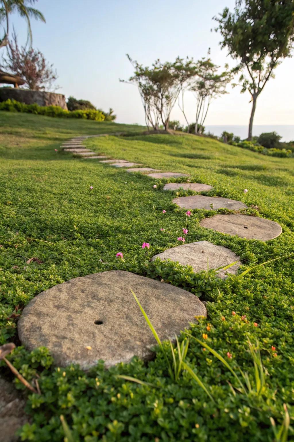 Charming stepping stones leading through a lush garden area.