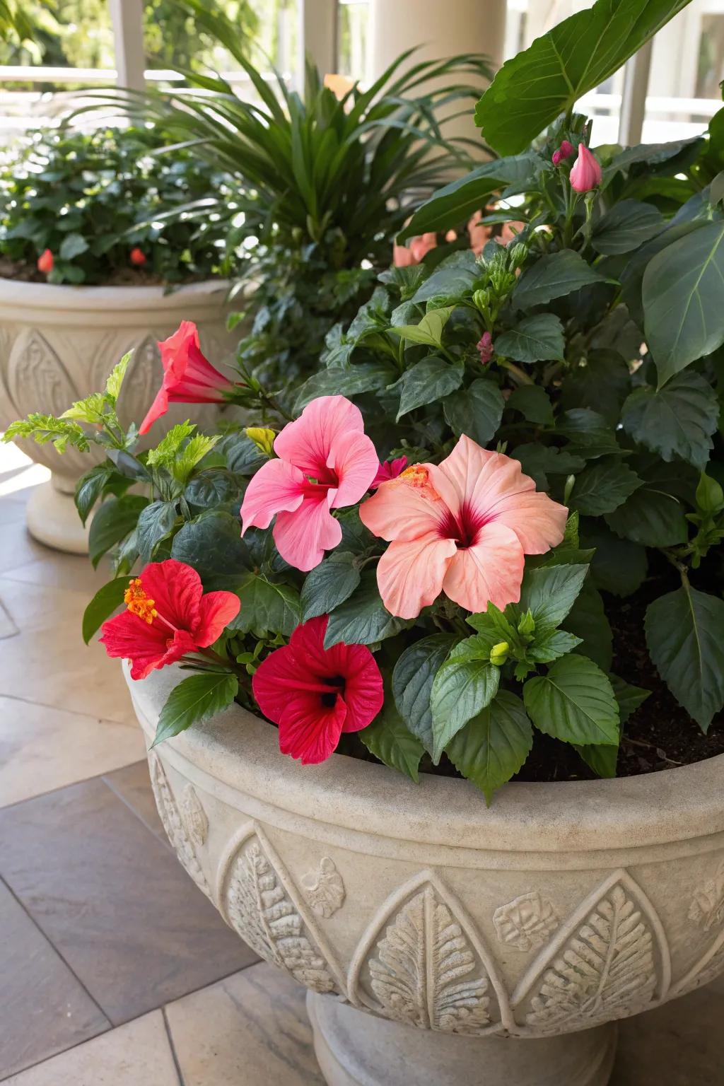 Hibiscus mingles with lush foliage for a layered garden look.