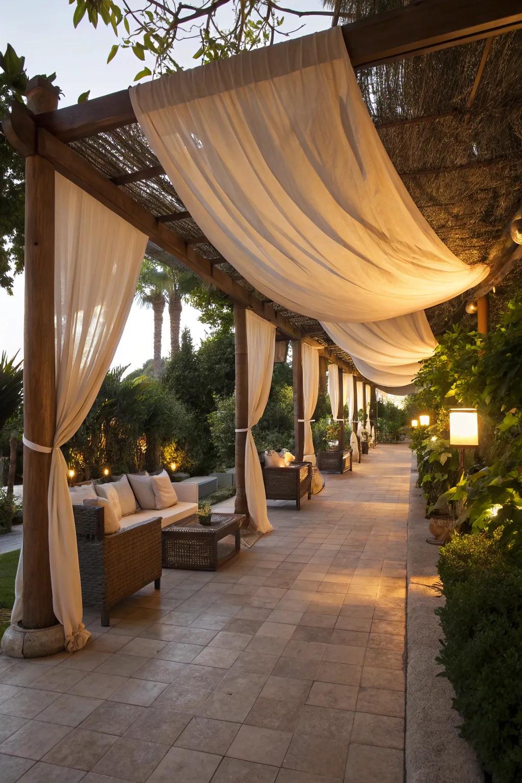 Canopies and drapes provide a tent-like atmosphere on the patio.