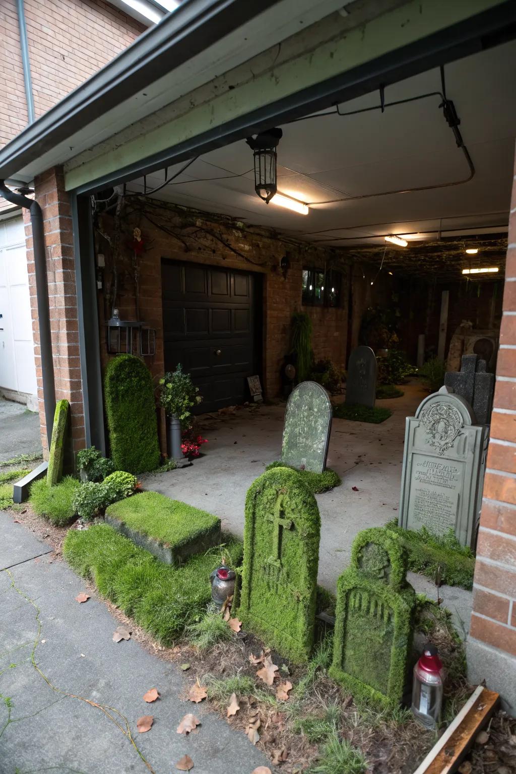 Create a haunting cemetery scene in front of your garage.
