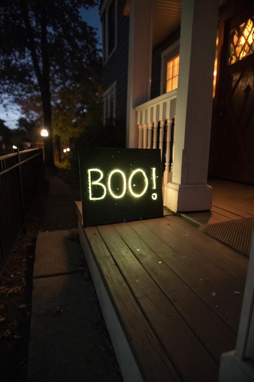 A 'Boo!' sign that glows eerily at night.
