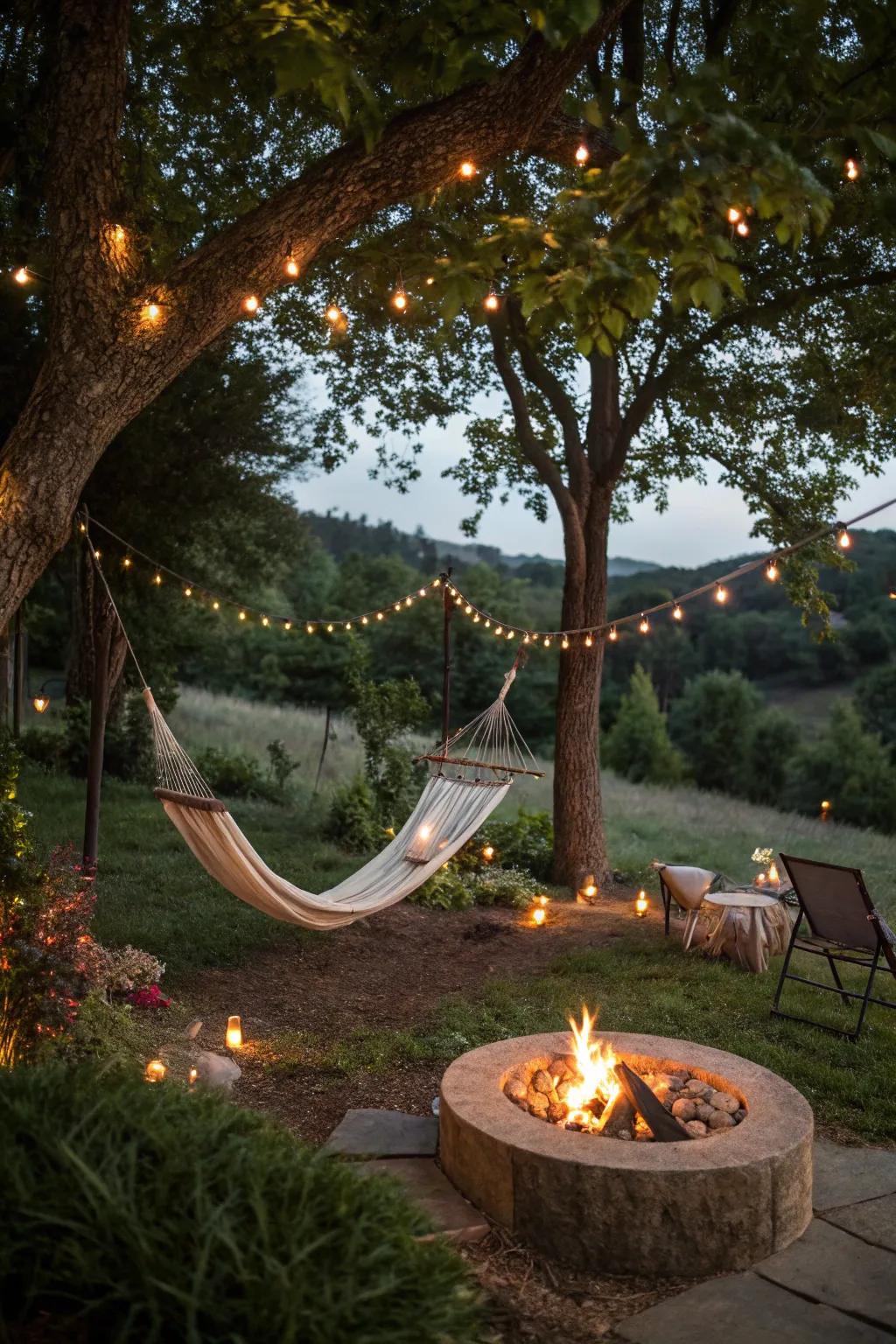 String lights create a magical ambiance around your fire pit.