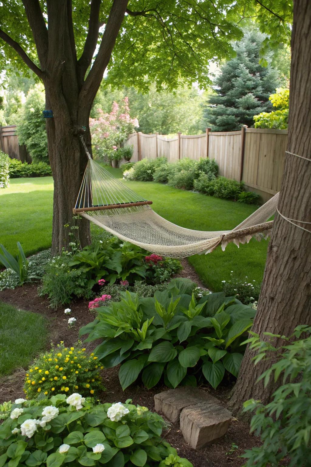 Lush greenery enhances the natural appeal of your hammock area.
