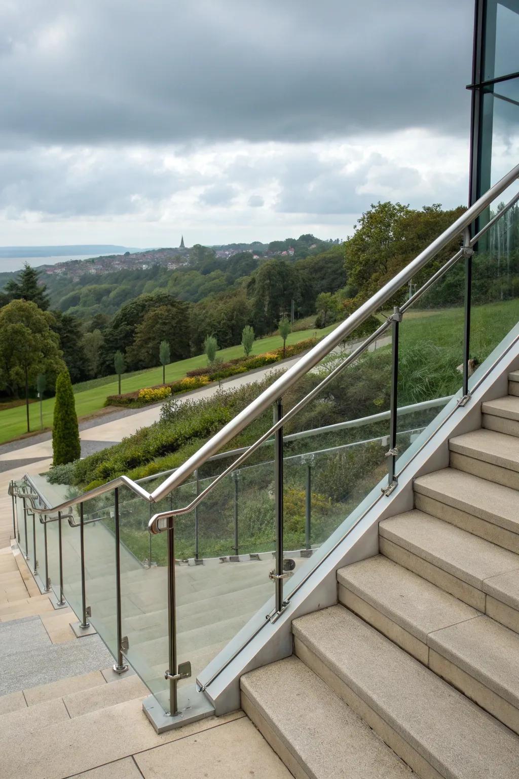Glass and metal handrails create an open and airy atmosphere.