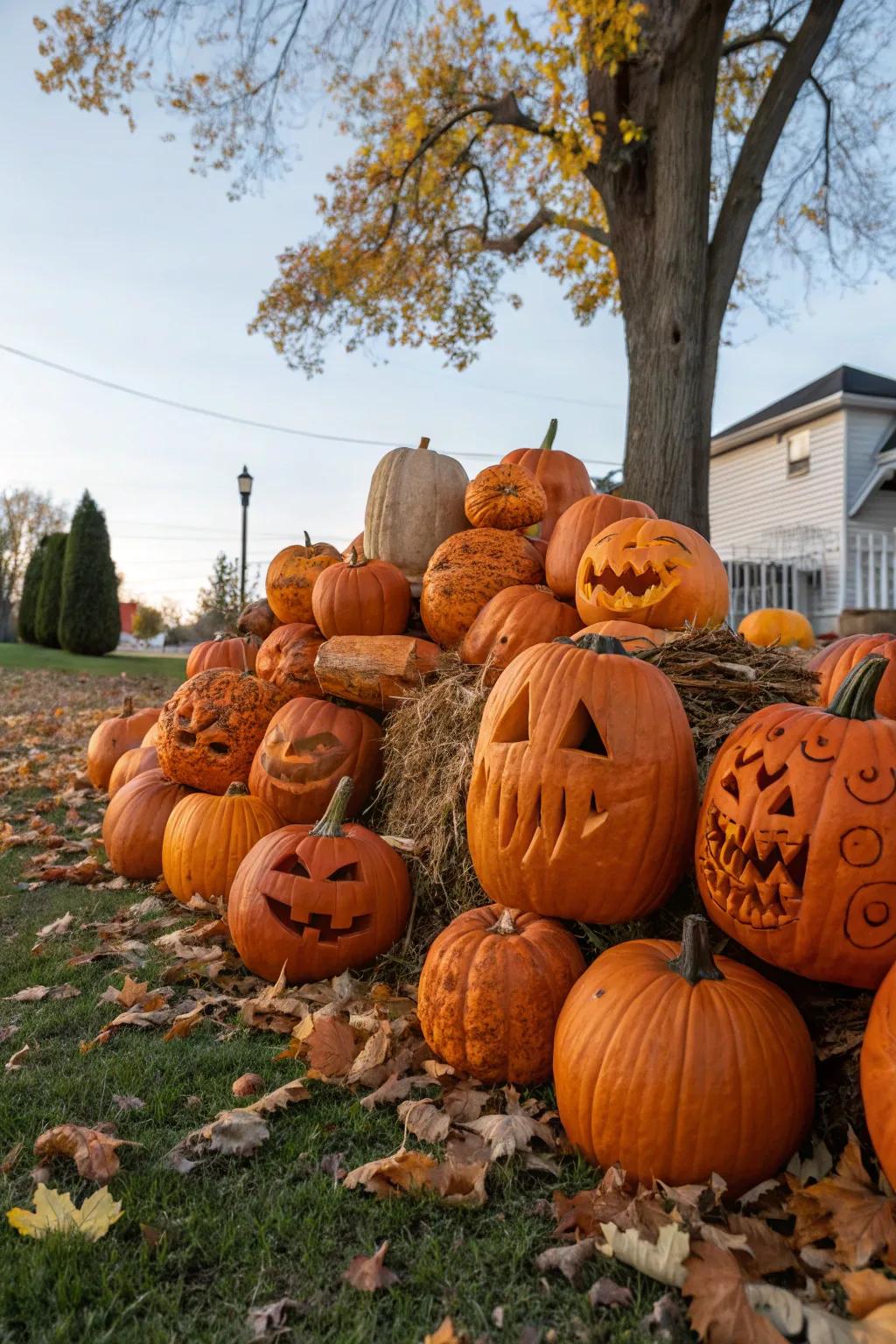 Pumpkins piled high bring a festive yet eerie touch to your yard.