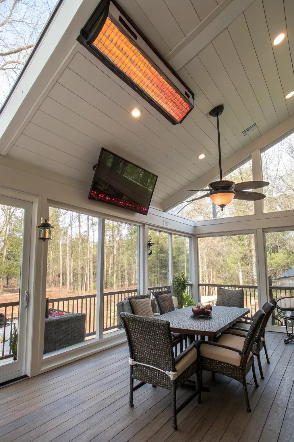 Innovative infrared heating system providing direct warmth in a porch setting.