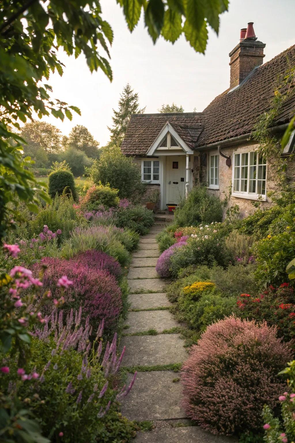 Heather-lined pathways in a charming cottage garden.