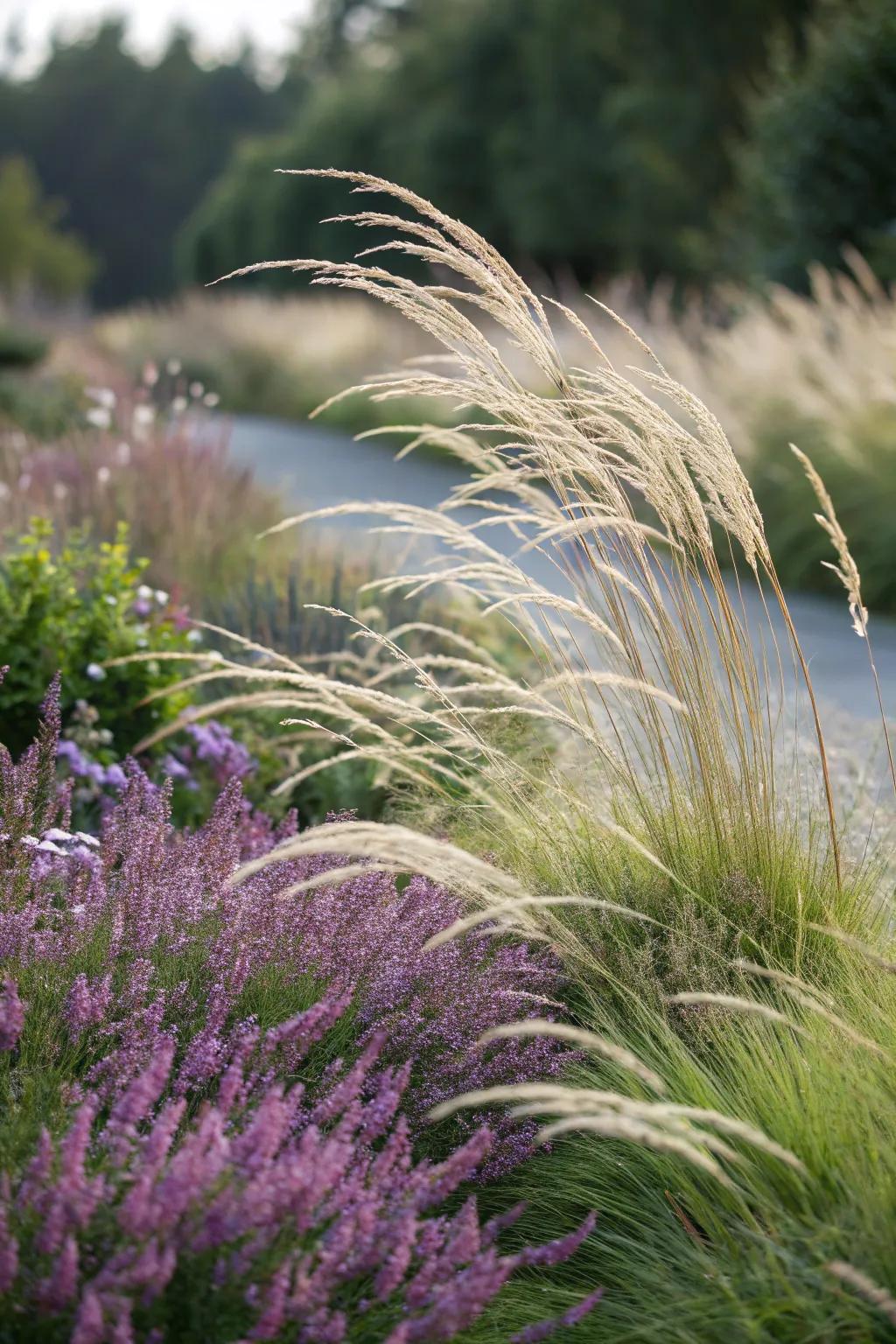Heather plants paired with ornamental grasses.
